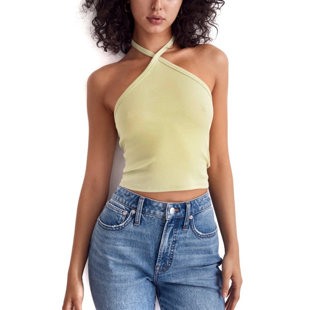Madewell Supima Rib Halter Neck Light Green Sweet Honeydew Cropped Tank Top
